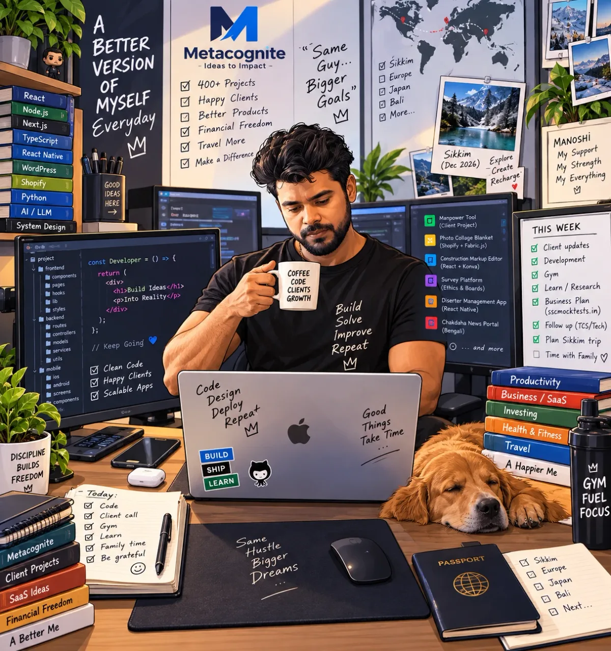 Illustration of Ranit at his desk, coding on a laptop surrounded by monitors, books on the technologies he works with, client project lists and travel plans, with a dog asleep beside him